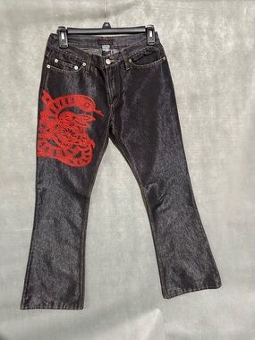 Custo Barcelona Black Jeans Red Graphic Y2K Flare Bootcut Size 27